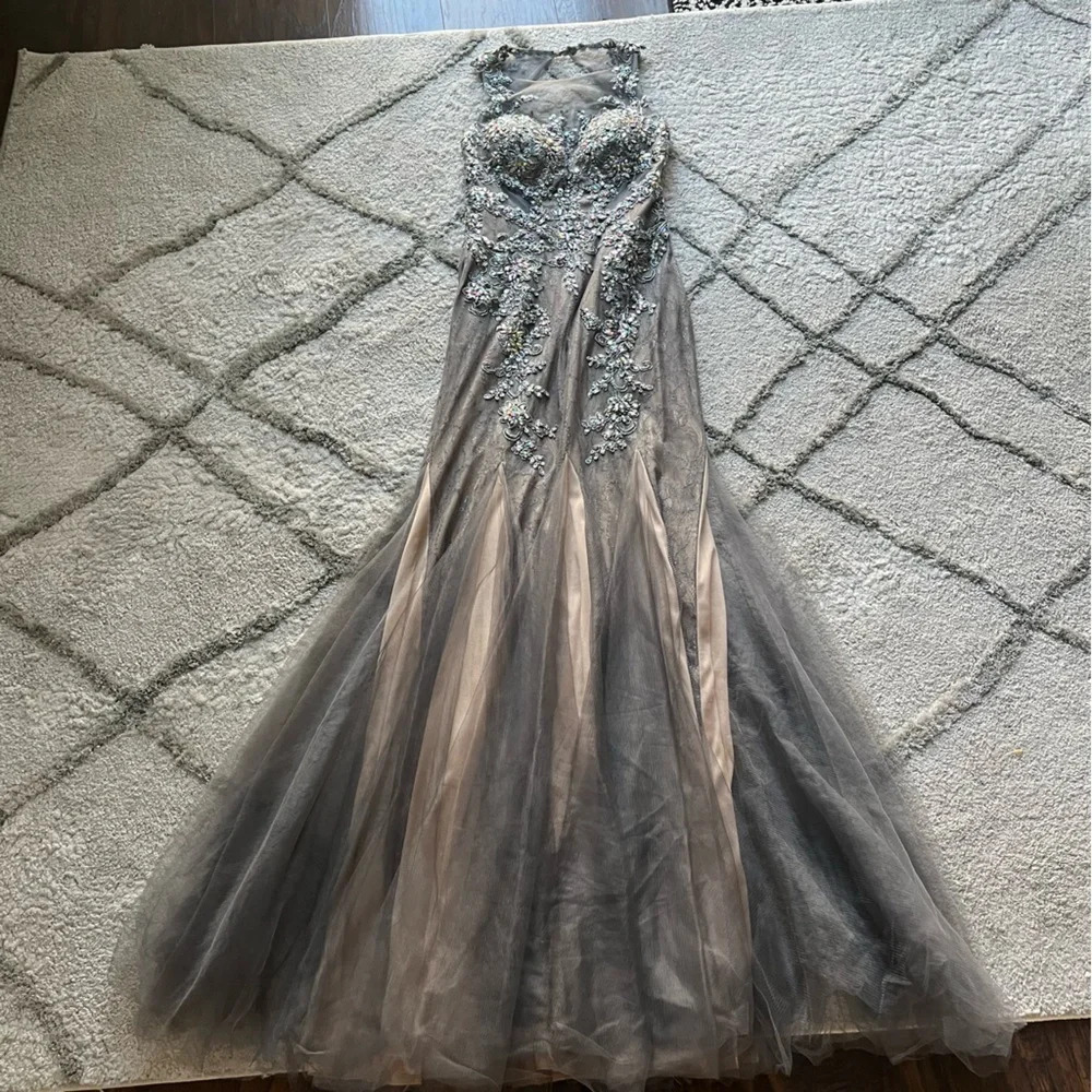 Jvn By Jovani Prom Pageant Formal Long Maxi Dress Gown Silver Nude Cutout 2